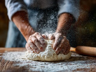Baker kneading dough on wooden table with flour dust in the air 