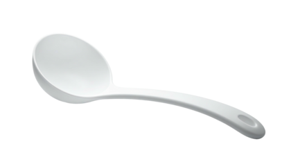 A close-up of a white ladle with an oval bowl and curved handle on black