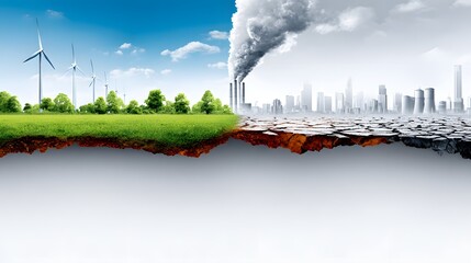 Concept of renewable energy versus pollution showing wind turbines, solar panels and smoking factory chimneys with cracked dry land environment