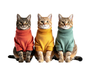 Three cats in coordinating sweaters, sitting in a row against black background