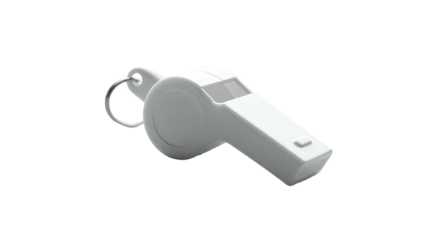 A close-up, isolated, white whistle with a key ring, set against a black backdrop