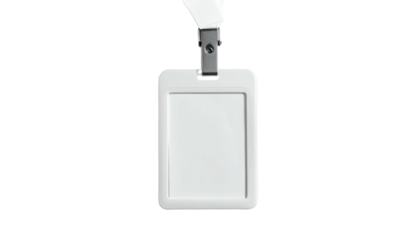 A blank white rectangular ID badge with a clasp and lanyard on a black background
