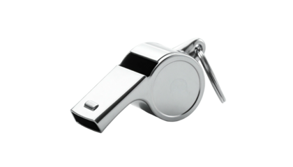 Shiny metal sports whistle. Isolated against a black background, pristine and polished