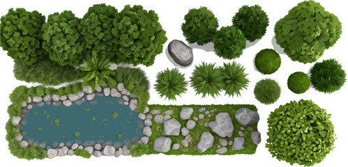 Overhead view of a pond trees and rocks on white background