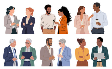 Different business team members standing, talking, communicating, taking part in business activities, meeting, brainstorming, coffee break. Multiracial people vector illustrations isolated.