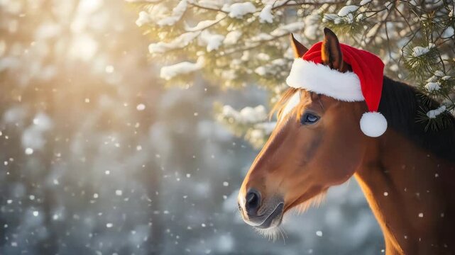 Horse wearing Santa hat in snowy winter forest with Christmas atmosphere