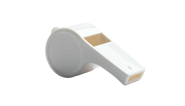 Isolated close-up of a white whistle on a black background, angled left