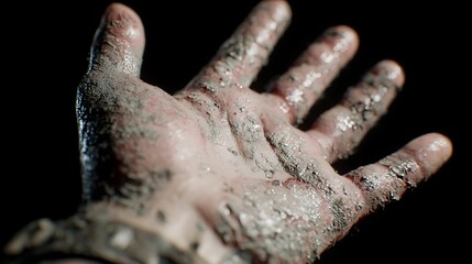 Fototapeta premium Open Dirty Hand Palm Up with Dark Mud on Fingers Against Black