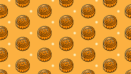 Mooncake chinese dessert with star colorful pattern on yellow background. Lotus seed cake doodle seamless pattern background. Flower bud cake snack isolated motif for bakery and pastry merchandise