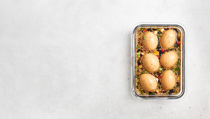 Mayak Eggs, Korean Marinated Eggs in soy sauce, top view, copy space