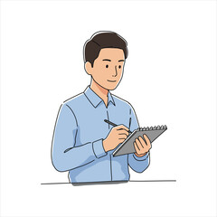 Professional businessman thoughtfully taking notes with a pen on a notepad for creative planning or to-do lists in a bright, modern office setting