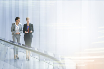 Two businesswomen working together in an office building