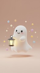A little ghost holding a glowing lantern, smiling softly, pastel background with floating stars