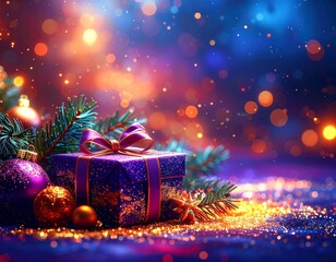 Christmas blue and purple background with gifts, baubles and spruce branches
