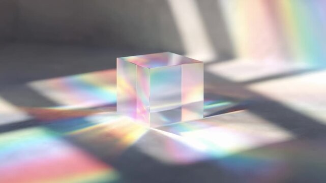 Transparent glass cube refracting sunlight into a rainbow on a flat surface.