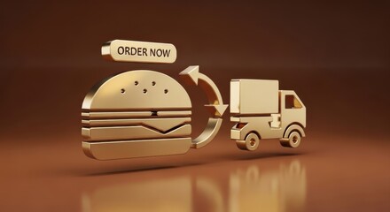 Golden food delivery concept with burger, delivery truck, and order now prompt