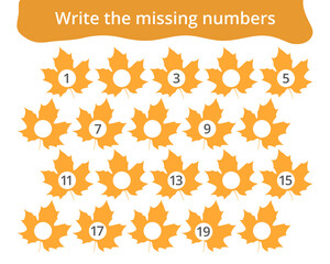 Missing number worksheet for kids with maple leaves, count and write numbers from 1 to 20, great for preschool math learning and early number practice.