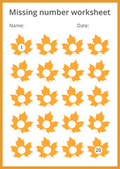 Missing number worksheet with maple leaves for kids, count and fill in numbers from 1 to 20, great for preschool math, number sequence training and fun educational activities. Vector, A4 format.