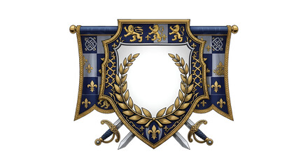 Majestic royal crest with crossed swords, laurel wreath, lions, and fleur de lis symbolizing power, victory, and heritage for prestige projects © RashmikaGFX