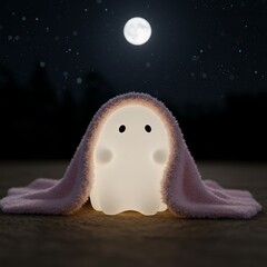 Small chubby ghost wrapped in a pink blanket, glowing gently under moonlight