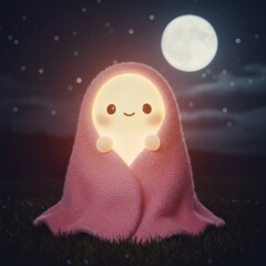 Small chubby ghost wrapped in a pink blanket, glowing gently under moonlight