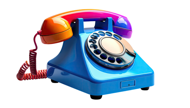 Glossy, colorful retro rotary phone with gradient shades, isolated on black