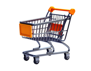 Shiny miniature shopping cart against black background, orange accents