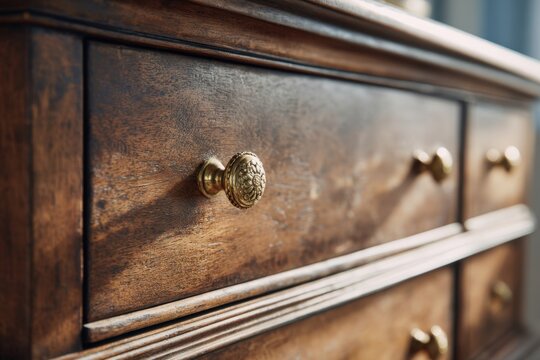 Front kitchen wooden frame cabinet door and drawers. Closeup Antique. Wooden cabinet door, brass door handles, old retro furniture base set. Trendy interior units. Home improvement concept. Samples