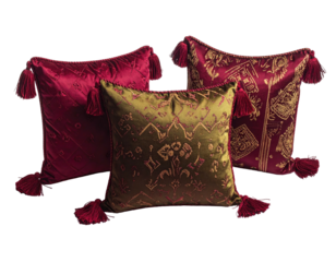 Three decorative pillows, deep maroon and olive green, adorned with gold patterned designs and tassels