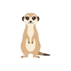 Cartoon flat vector illustration of a meerkat standing upright, alert posture with big eyes and simple shapes, isolated