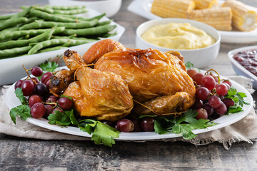 Thanksgiving dinner on rustic wooden table with turkey,mashed potatoes,ears of corn and green bean casserole