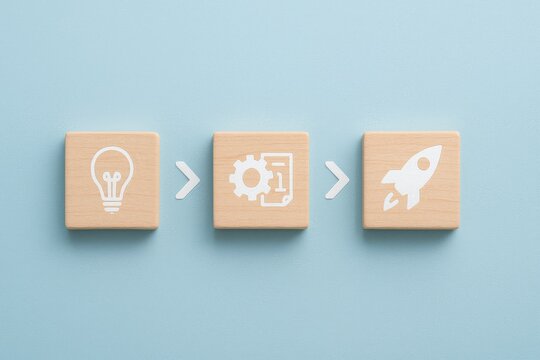 Idea to Launch Workflow Icons on Blue