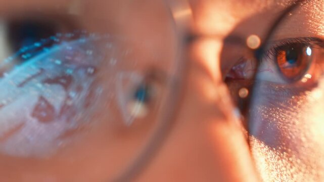 A person wearing glasses with a digital shield and globe reflected in the lens, symbolizing cybersecurity, global connectivity, data protection, and the importance of safeguarding online identities.
