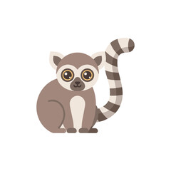 Cute cartoon flat vector of a ring-tailed lemur with large eyes and striped tail, simplified playful design, sitting, isolated