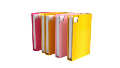 A row of vibrant, colorful folders in shades of pink, orange, and yellow on black