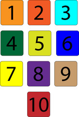 Ten vivid, distinct square buttons displaying numbers one through ten, ideal for educational content, simple counting visuals, or versatile graphic elements in digital and print designs