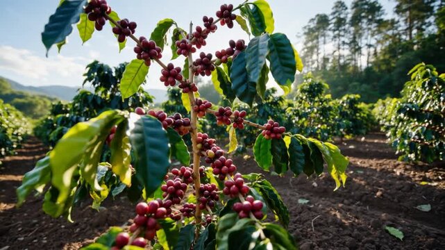 Gros plan d'un caf&eacute;ier charg&eacute; de cerises