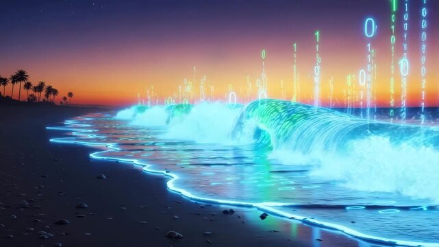 Digital wave crashing on beach with palm trees video, ai generated