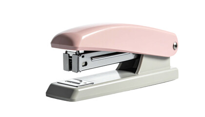 Pink and white stapler isolated on black background, ready to bind papers