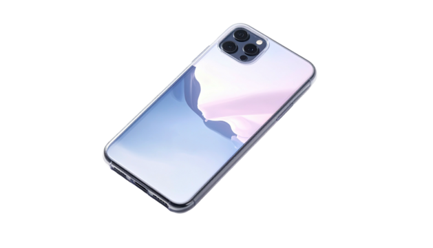 Angled view of a modern phone with a landscape wallpaper, on a black background