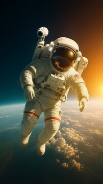 Astronaute flottant au-dessus de la Terre au soleil