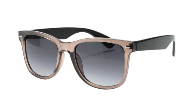 Stylish sunglasses, featuring a dark grey lens & brown frame with black temples, isolated
