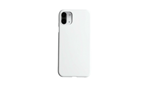 White smartphone in a case, rear view, featuring camera bump, on black background