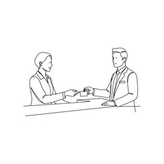 Professional business interaction: exchanging business card at a modern reception desk, networking and building relationships in a corporate setting