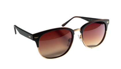 A pair of stylish, black and gold-framed sunglasses with brown gradient lenses