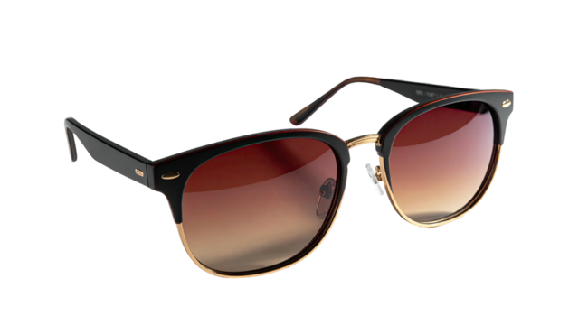 A pair of stylish, black and gold-framed sunglasses with brown gradient lenses