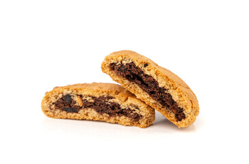 Chocolate cookies with chocolate filling isolated, brown round biscuits, broken sweet cocoa pastry