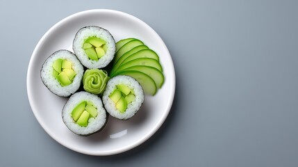 Exquisite Plate of Fresh Vegan Sushi with Avocado and Cucumber on a Minimalist Gray Background, Perfect for Healthy Lifestyle Promotions and Culinary Art Displays