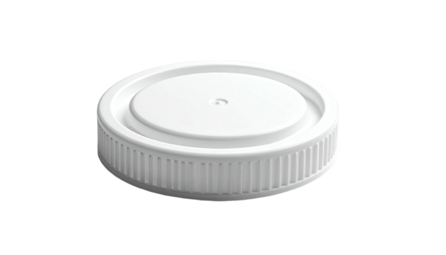 Isolated white plastic cap with a textured rim, photographed on a black background