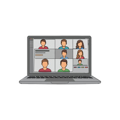 Virtual meeting with diverse team members on laptop screen, ideal for remote work, online collaboration, and business communication
